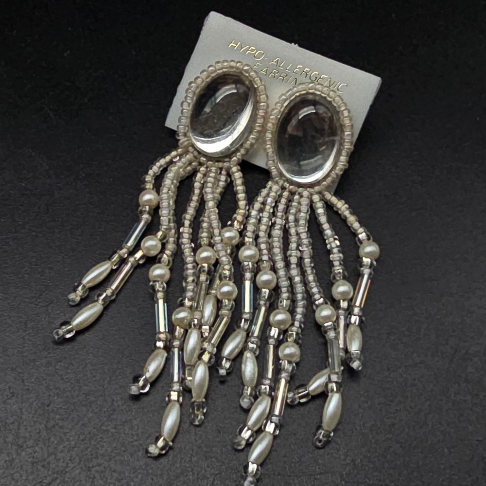 Faux Pearl Beaded Earrings Dangle Drop Fringe Vintage NOS NWT Hong Kong